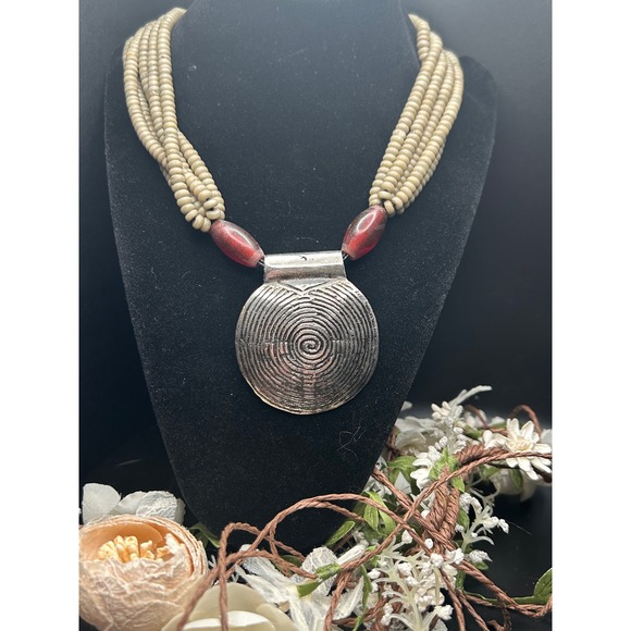 Unbranded Jewelry - Artisan Multi Strand Seed Bead Necklace Silver Tone Spiral Medallion Red Accents